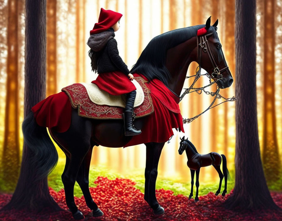 Person in red cloak and hat riding black horse in forest with red petals, accompanied by black foal