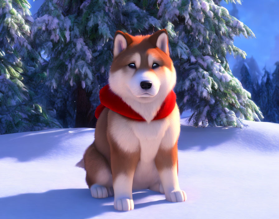 Shiba Inu with red scarf in snowy forest scene