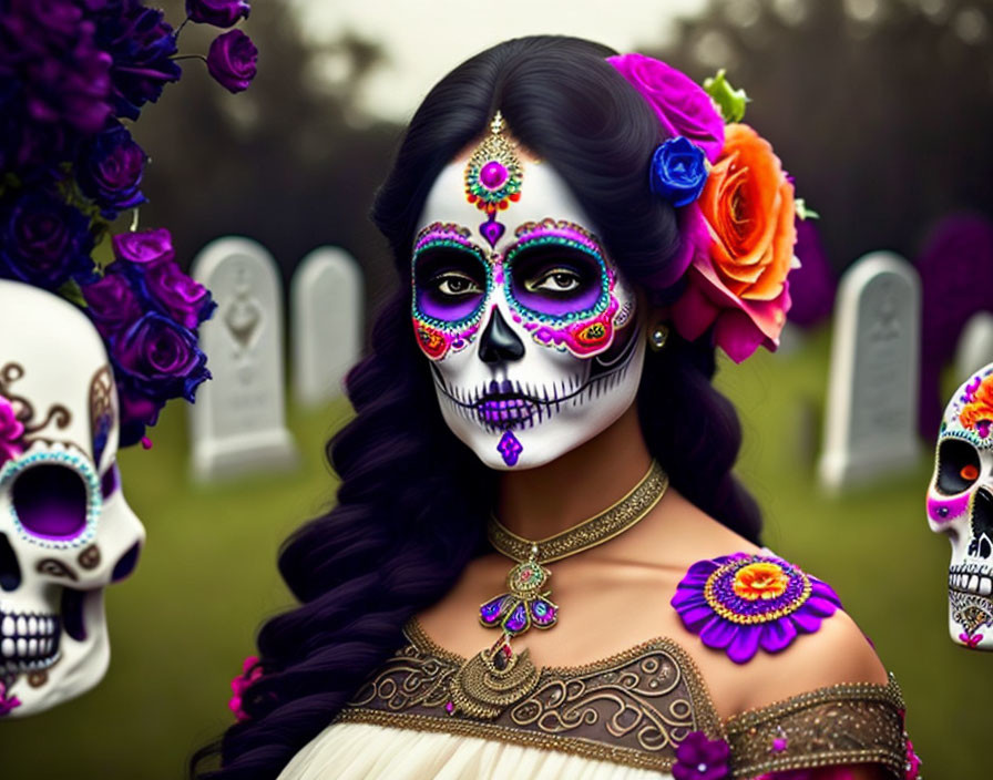 Woman with Dia de los Muertos makeup in cemetery with flower crown