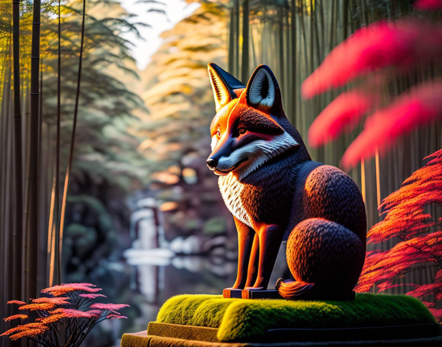 Wooden fox statue in Japanese garden at sunset with bamboo and maple leaves