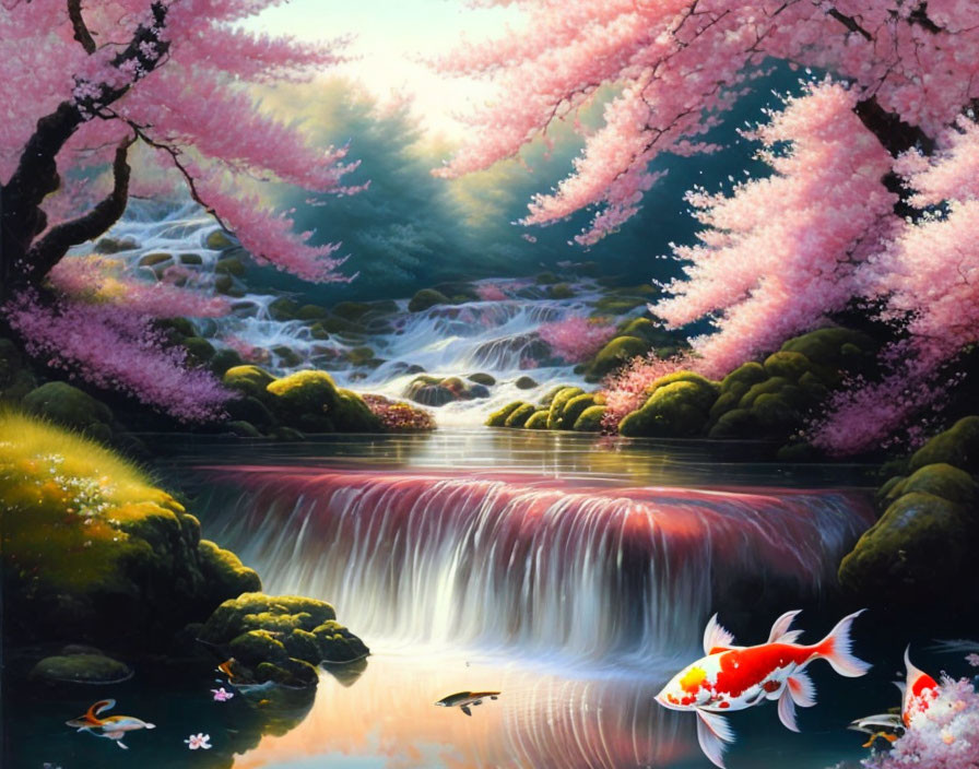 Tranquil stream with cherry blossoms, waterfalls, and koi fish