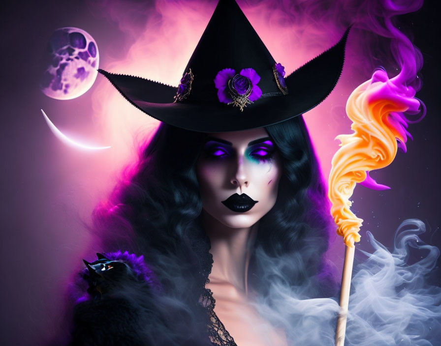 Mystical witch with purple smoke, black cat, wand, moonlit backdrop