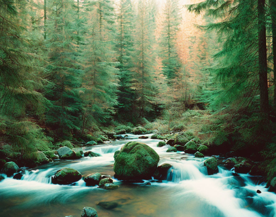 Tranquil Forest Stream with Pine Trees and Sunlight