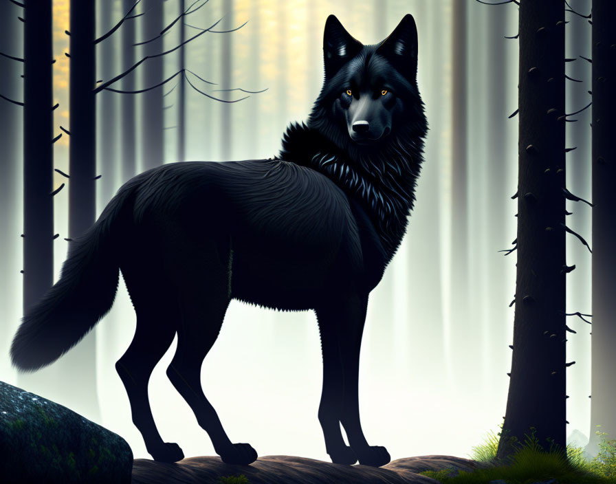 Majestic Black Wolf in Forest Setting with Sunlight Filtering Through Trees