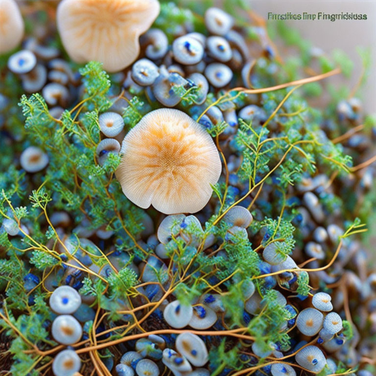 Detailed Close-up: Blueberries, Mushrooms, and Green Foliage with Intricate Flora