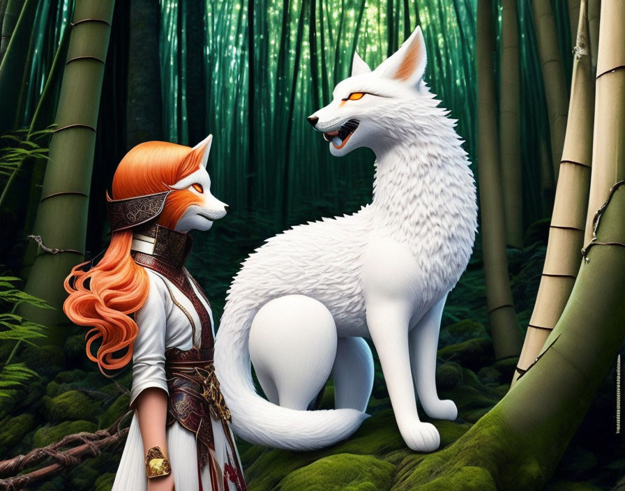 Fantasy digital art: Red-haired woman with mythical fox in bamboo forest