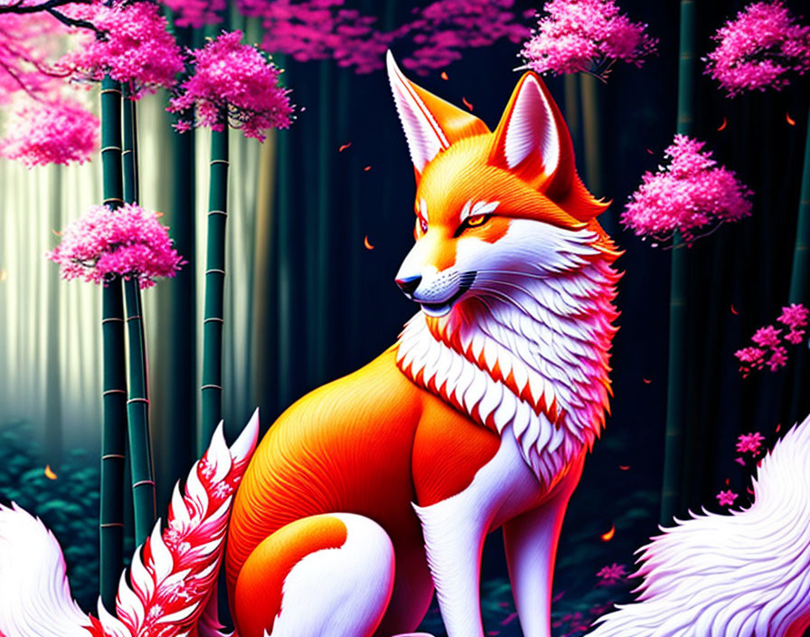 Colorful Fox in Mystical Bamboo Forest with Pink Blossoms