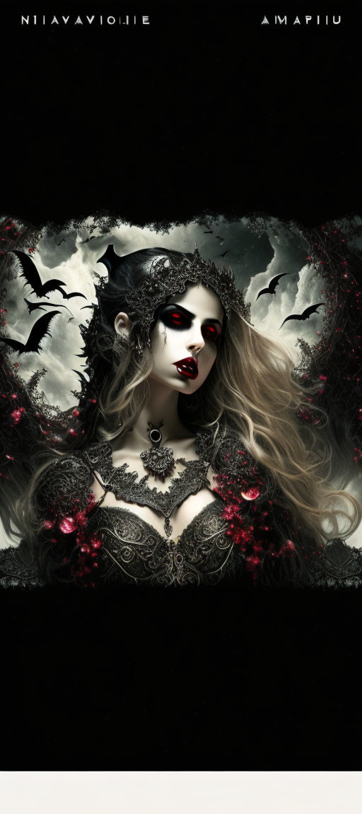 Gothic female figure with pale skin, dark lips, flowing hair, ornate headdress,