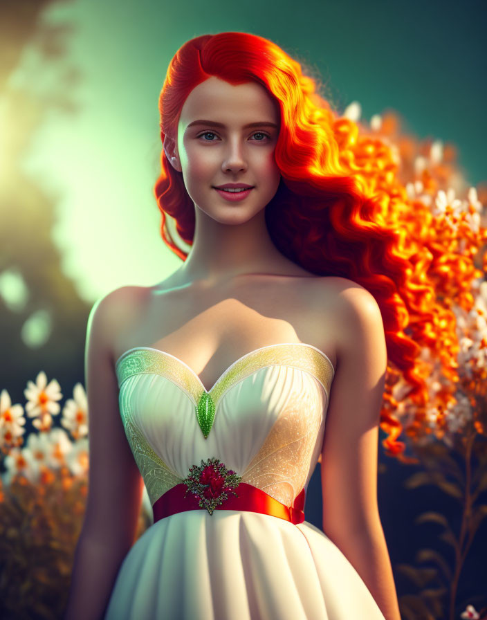 Digital artwork: Woman with red hair in white and green dress, floral background.