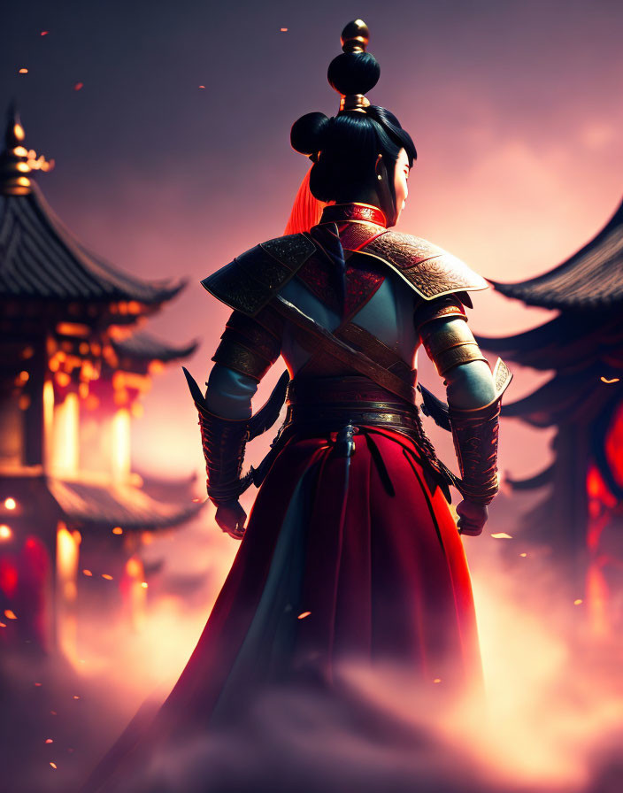 Traditional Asian Warrior Stands by Ancient Temples in Mystical Red Haze