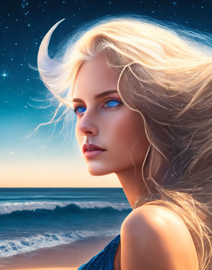 Digital artwork: Woman with blue eyes & blonde hair in night seascape with crescent moon & stars