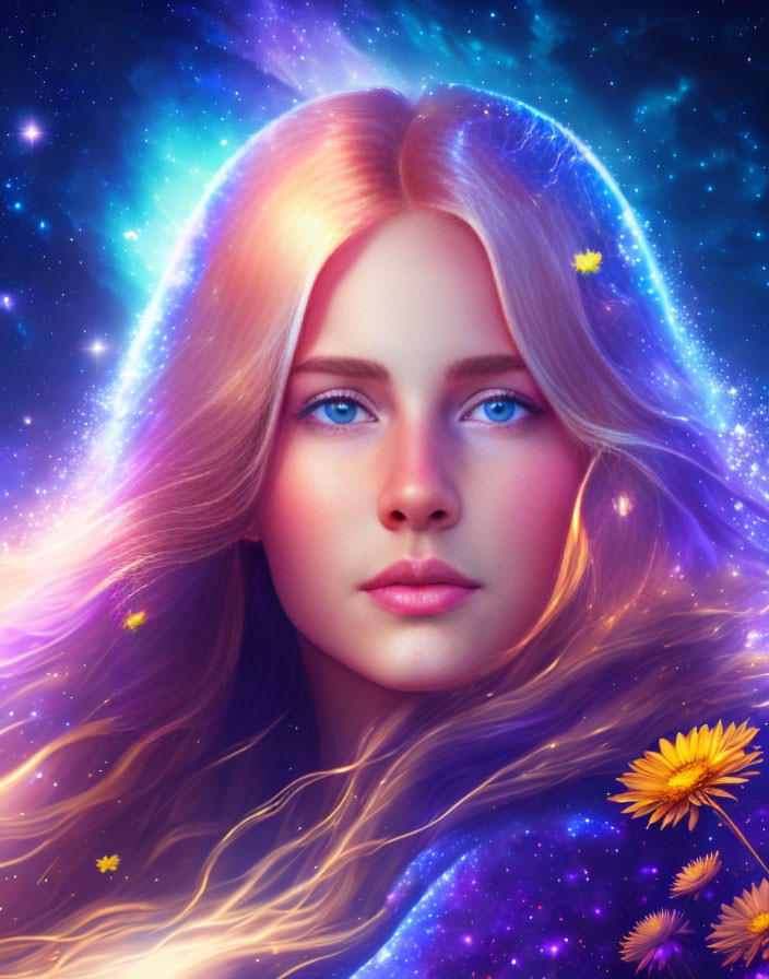 Cosmic-themed digital portrait with flowing hair and vibrant colors