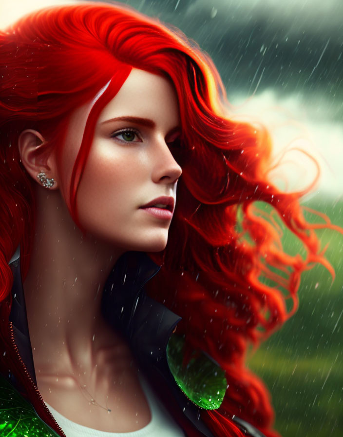 Vibrant red-haired woman with green eyes in digital portrait.