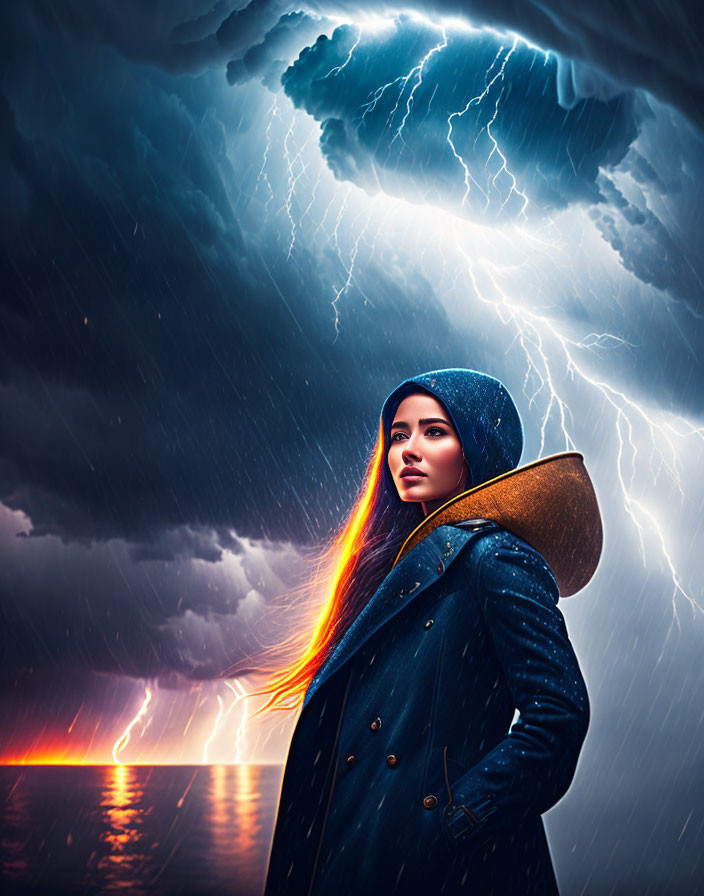 Woman in Blue Coat Gazing Up in Thunderstorm