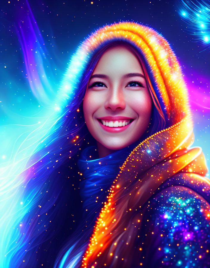 Colorful aurora-like light effects on hooded woman in cosmic background