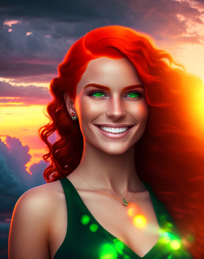 Red-haired woman smiling under sunset sky with lens flare effects