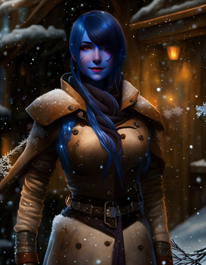 Blue-skinned female character in fur-lined winter coat on snowy background