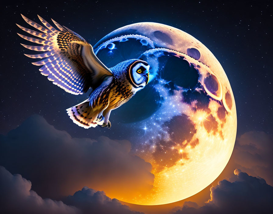 Owl flying in front of surreal oversized moon and starry night sky