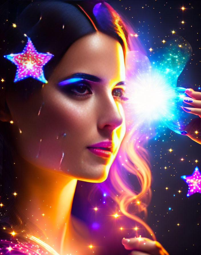 Woman with glowing makeup surrounded by stars and touching a bright magical light.