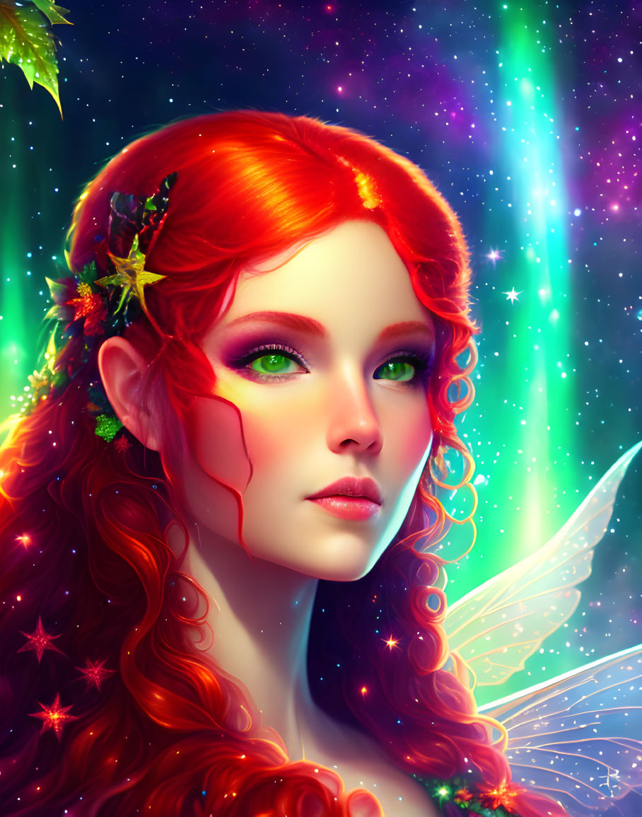 Vibrant digital artwork: fairy with red hair, green eyes, delicate wings, cosmic backdrop.