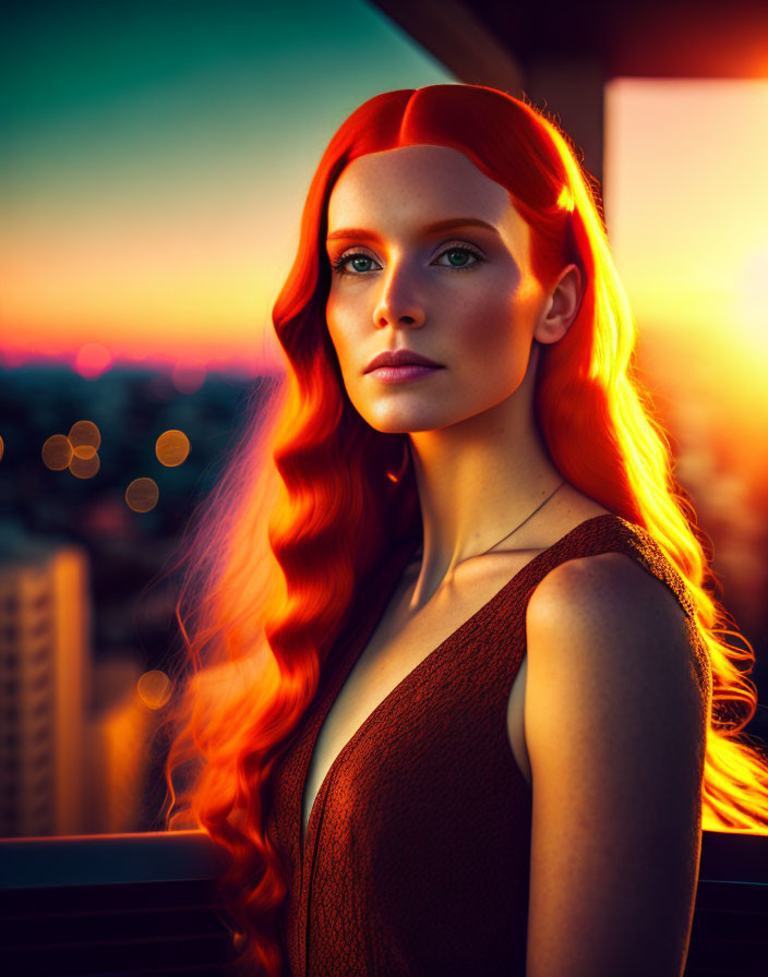 Long red-haired woman gazing at sunset cityscape