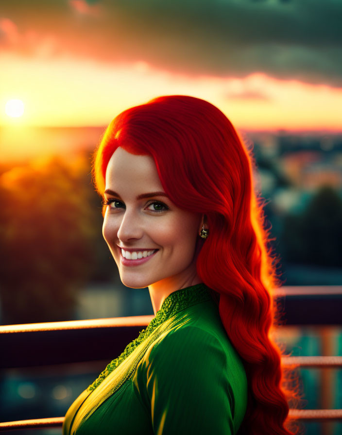 Red-haired woman in green dress smiling at sunset