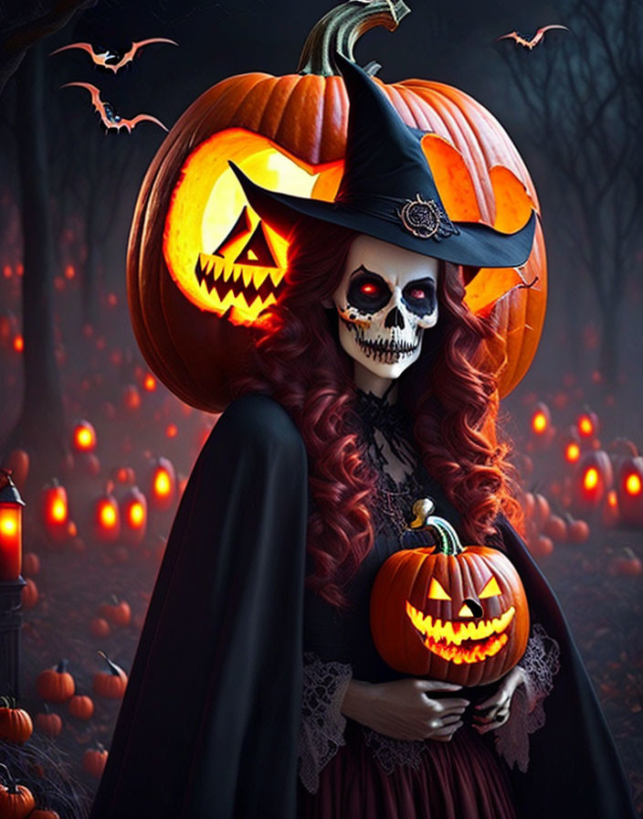 Pumpkin-headed figure in witch hat with carved pumpkin in lantern-lit woods