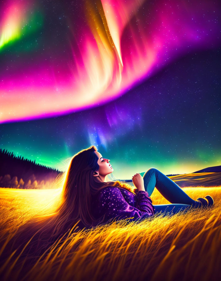 Person reclining on golden field under vibrant aurora borealis