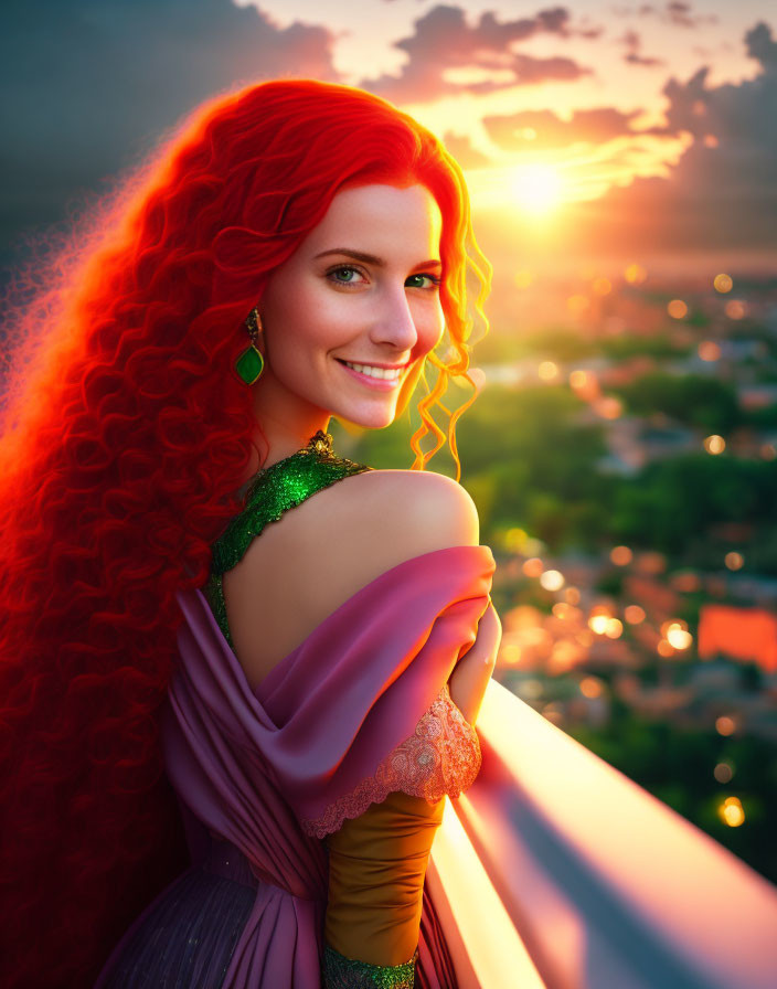 Red-haired woman in green dress smiles over cityscape at sunset