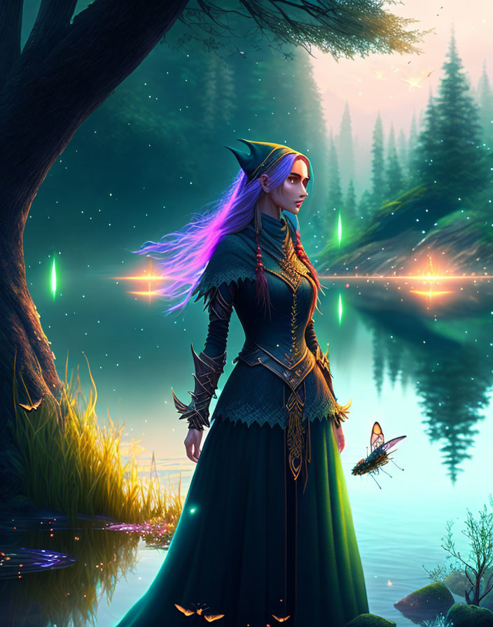 Elf woman in mystical forest with glowing butterflies and tranquil water