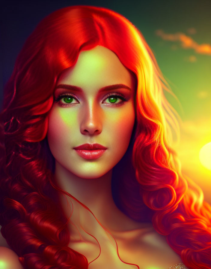 Vibrant red hair and green eyes in digital portrait