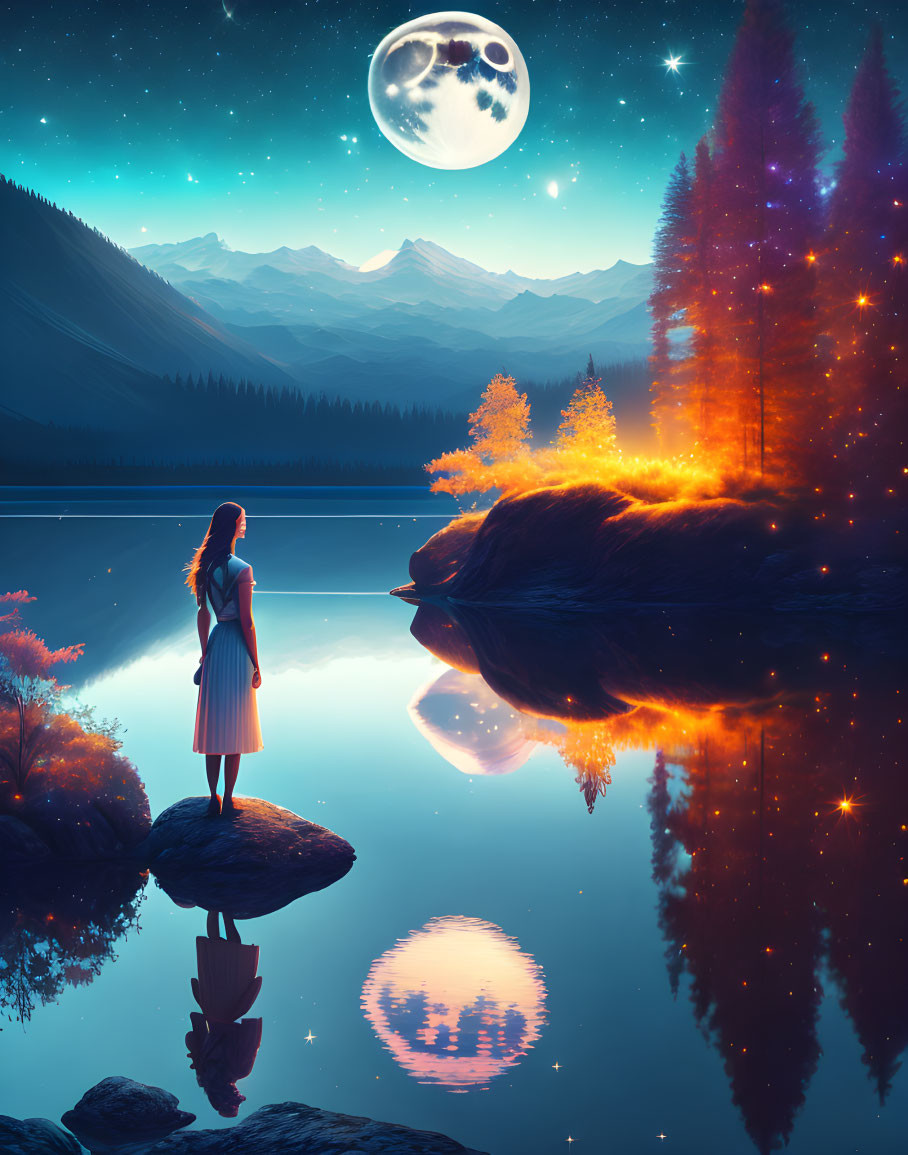 Woman admires full moon over reflective lake at night