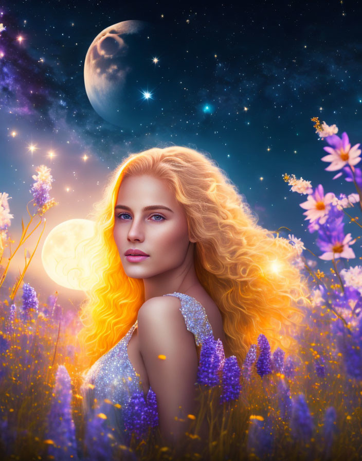 Blonde woman in purple flower field under crescent moon