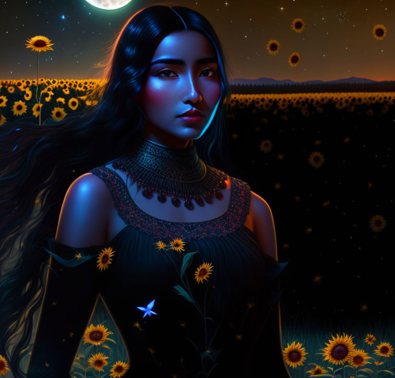 Surreal portrait of woman in sunflower field under moonlit sky