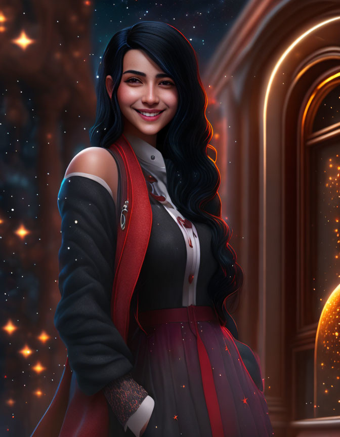 Smiling woman with long black hair in red and black outfit against magical backdrop