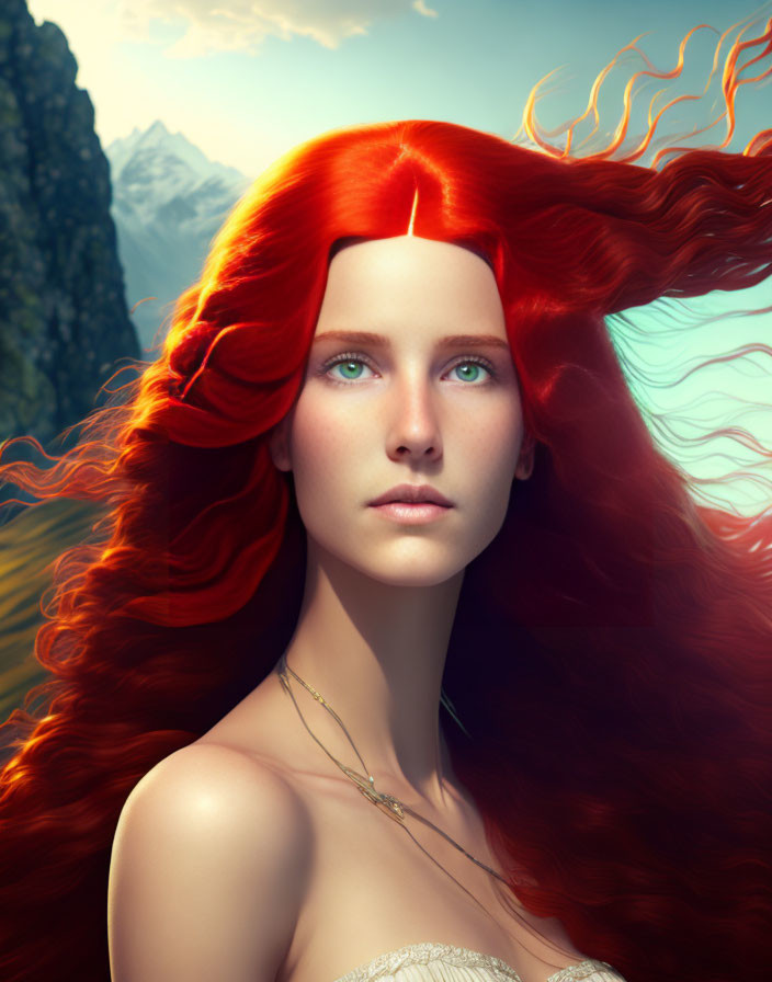 Digital illustration: Woman with red hair in mountain landscape