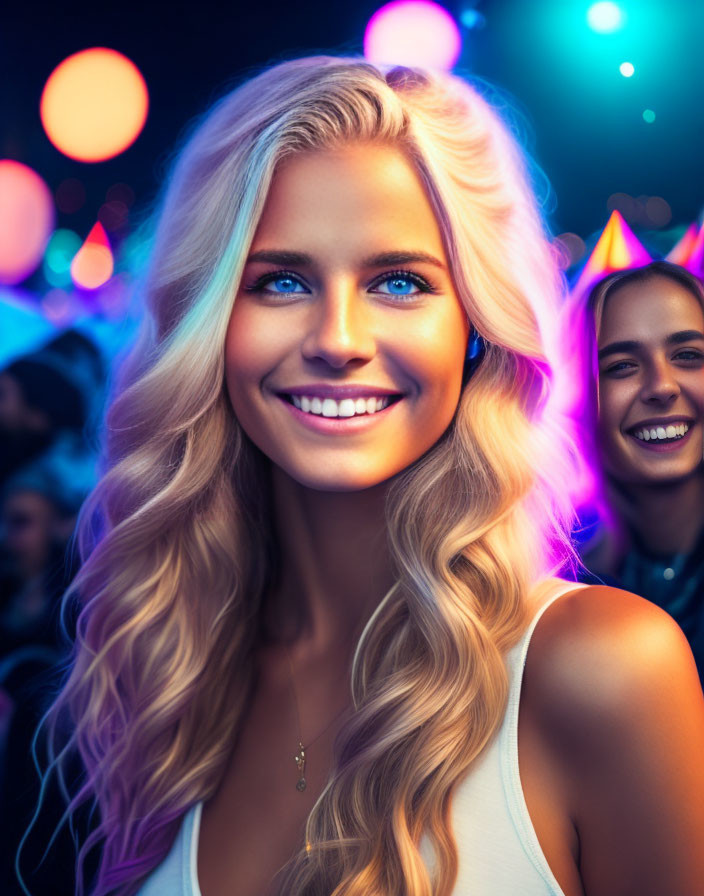 Blonde woman with wavy hair at colorful party