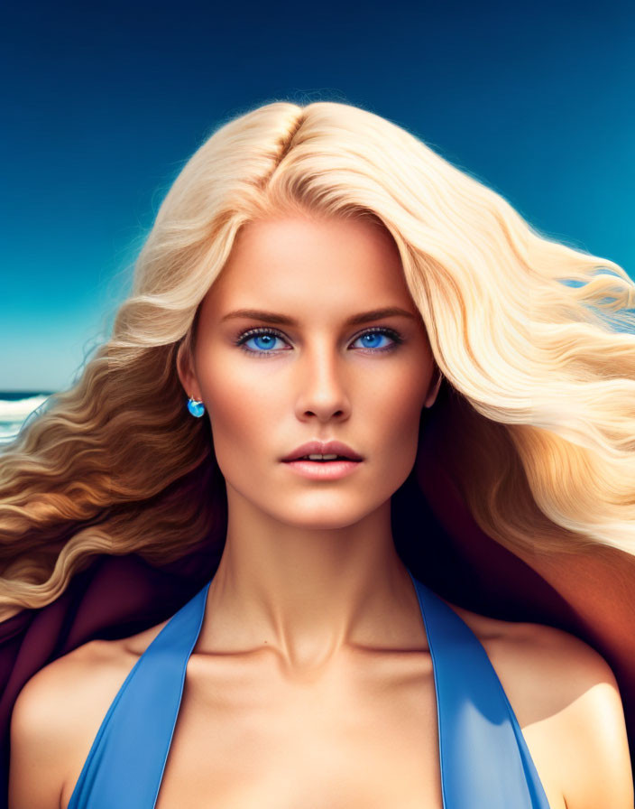 Blonde woman with blue eyes in blue top against sky