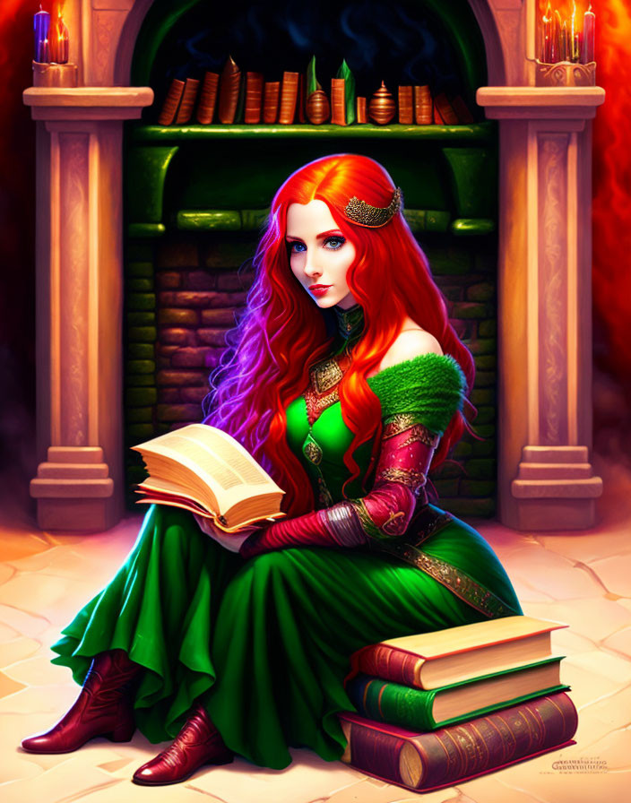 Red-haired woman in medieval green dress reading by fireplace surrounded by books and candles