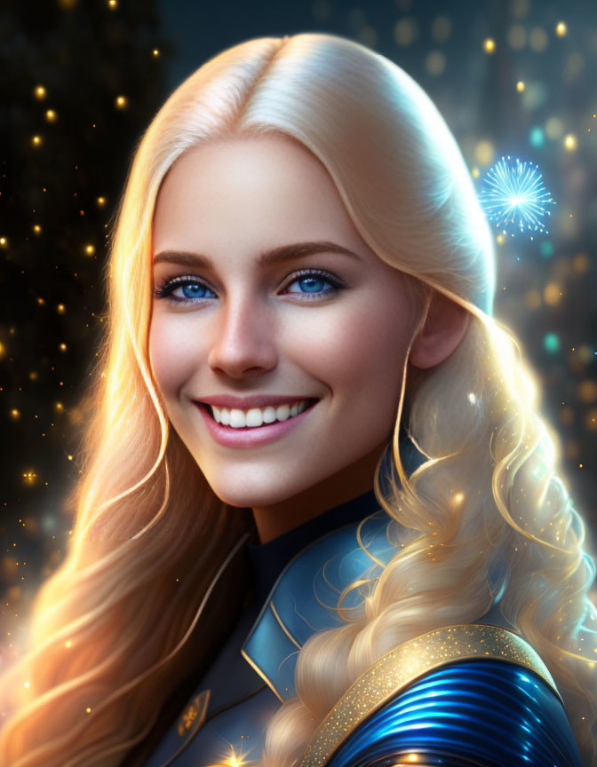 Smiling woman with blue eyes in fantasy outfit and glowing orbs