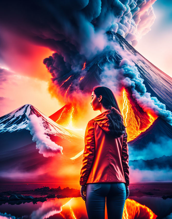 Person in red jacket faces erupting volcano with vibrant lava flows