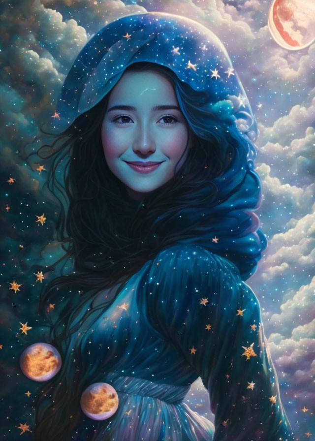 Smiling woman in cosmic-themed attire with dreamy backdrop