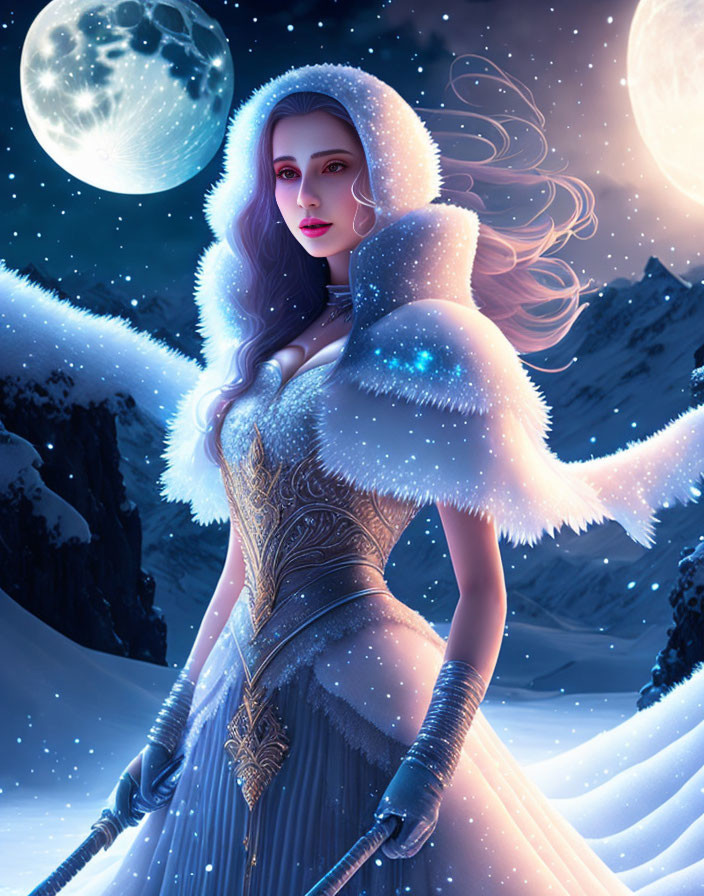 Digital artwork of woman in fantasy winter scene with glowing moon, fur-lined cloak, detailed dress, snowy