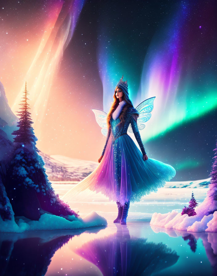 Translucent-winged fairy in winter fantasy landscape with aurora borealis.