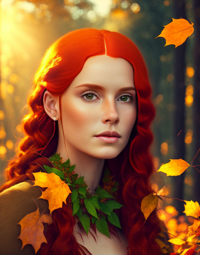 Woman with red hair and green eyes in autumn forest scene