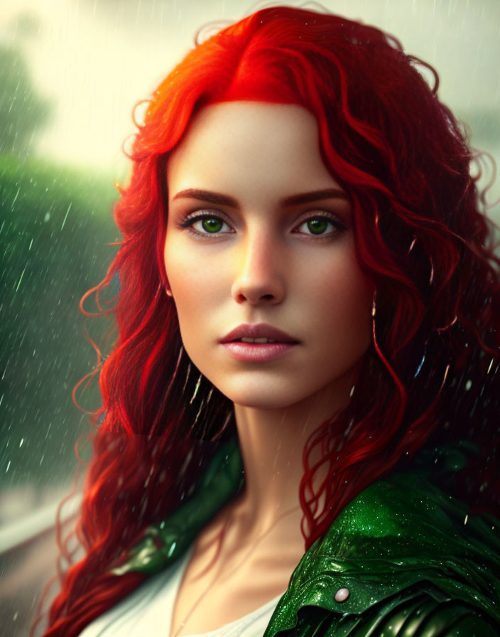 Woman with Red Hair and Green Eyes in Rainy Scene