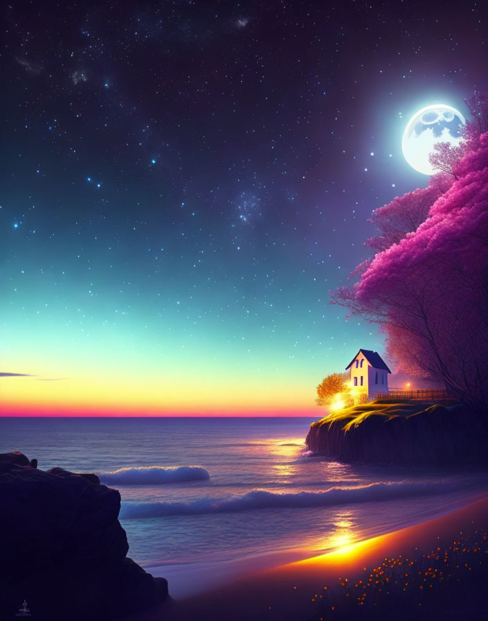 Tranquil beach scene with full moon, starry sky, cliffside house, and vibrant sunset