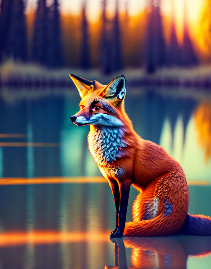 Red fox by tranquil autumn lake at sunset