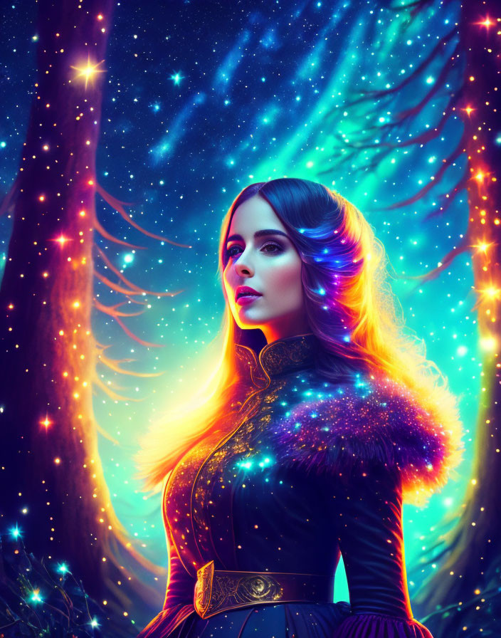 Woman with Space-Themed Hair in Cosmic Background