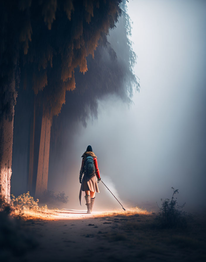 Solitary figure walking on misty forest path at night